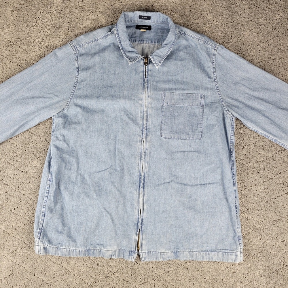 J Crew Jacket Mens Large Blue Denim Full Zip Overshirt Lightweight Long Sleeve